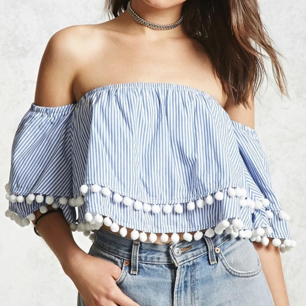 NEW Forever 21 Pom Pom Off-the-shoulder Top - Picture 1 of 7